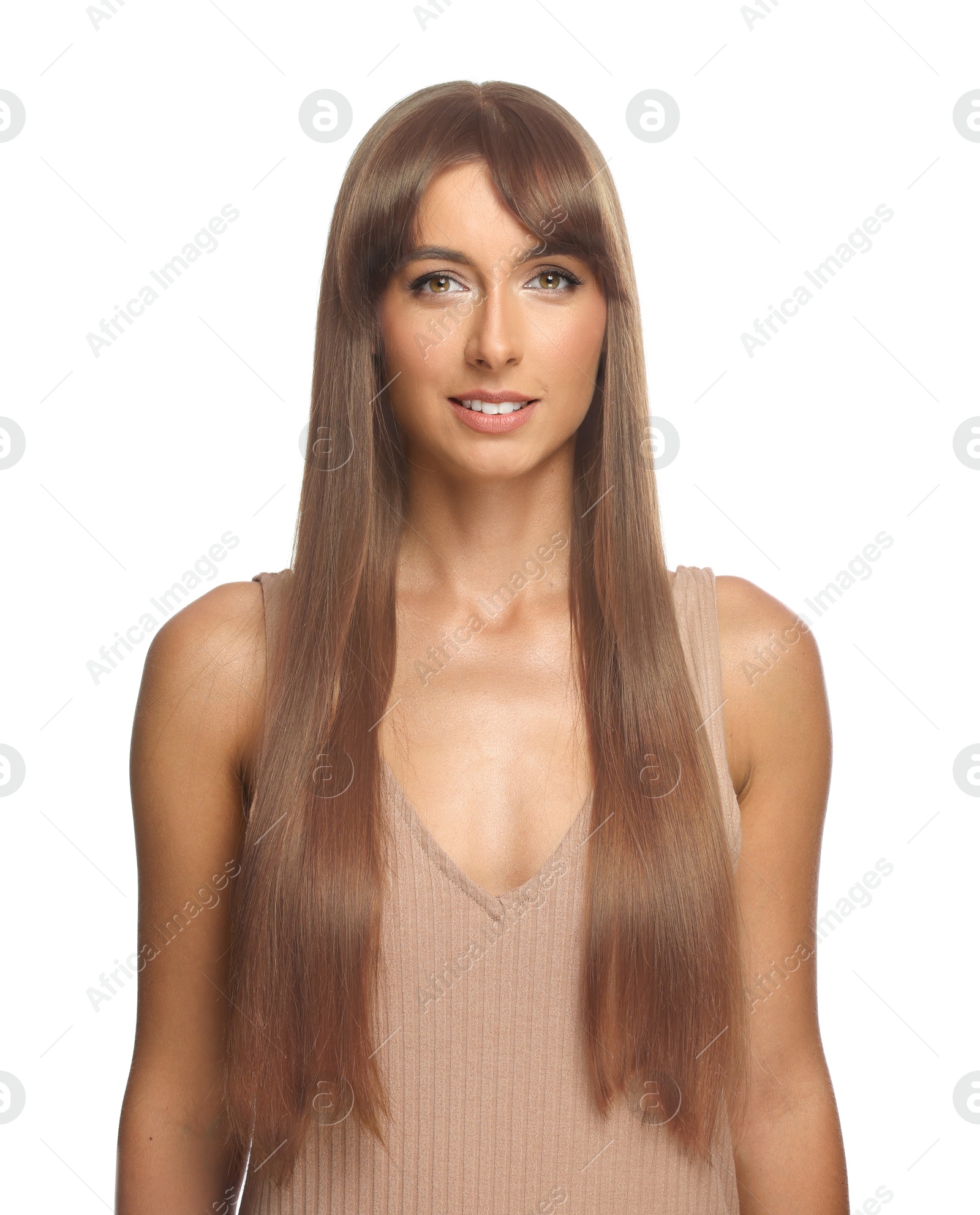 Image of Beautiful woman with hair dyed in natural color on white background