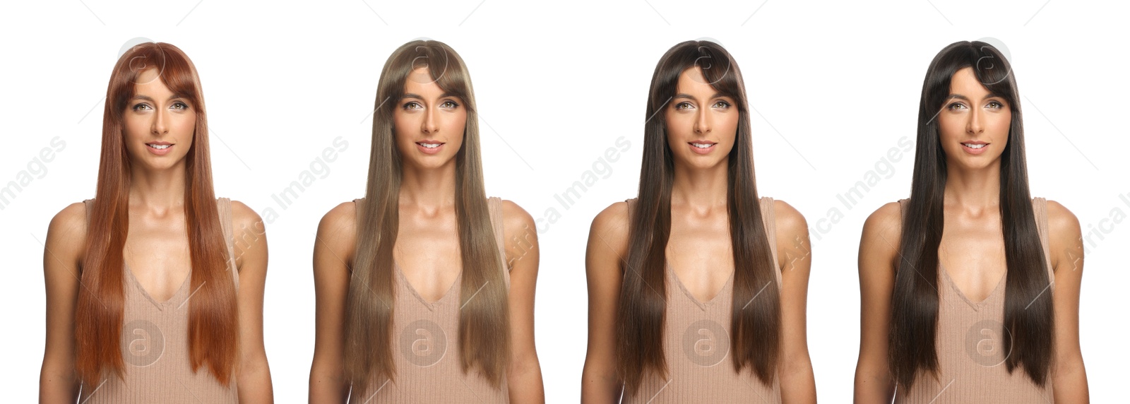 Image of Beautiful woman with hair dyed in different natural shades on white background, collage. Banner design