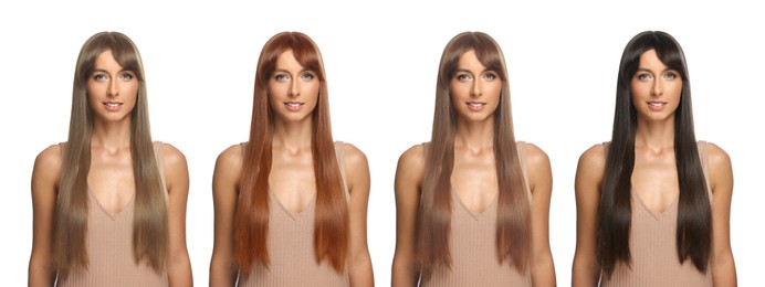 Image of Beautiful woman with hair dyed in different natural shades on white background, collage. Banner design