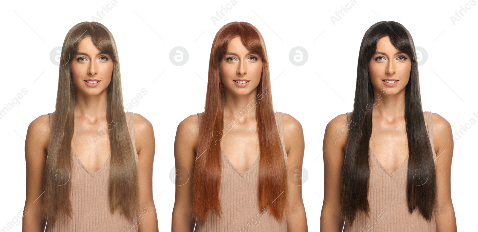 Image of Beautiful woman with hair dyed in different natural shades on white background, collage. Banner design