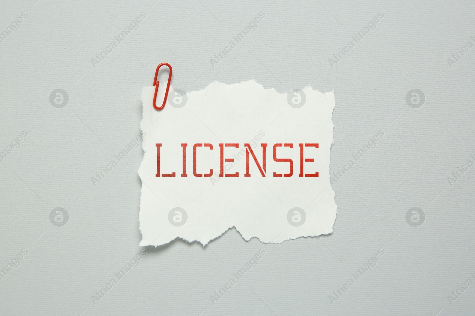 Image of Piece of paper with word License and paperclip on white background, top view