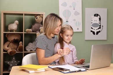 Photo of Single mother working with laptop and her daughter at table in child's room