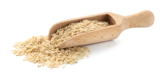 Photo of Raw brown rice and scoop isolated on white