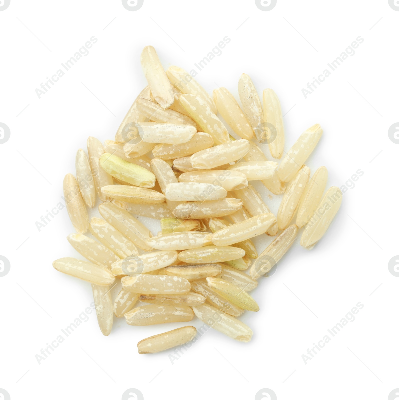 Photo of Pile of raw brown rice isolated on white, top view