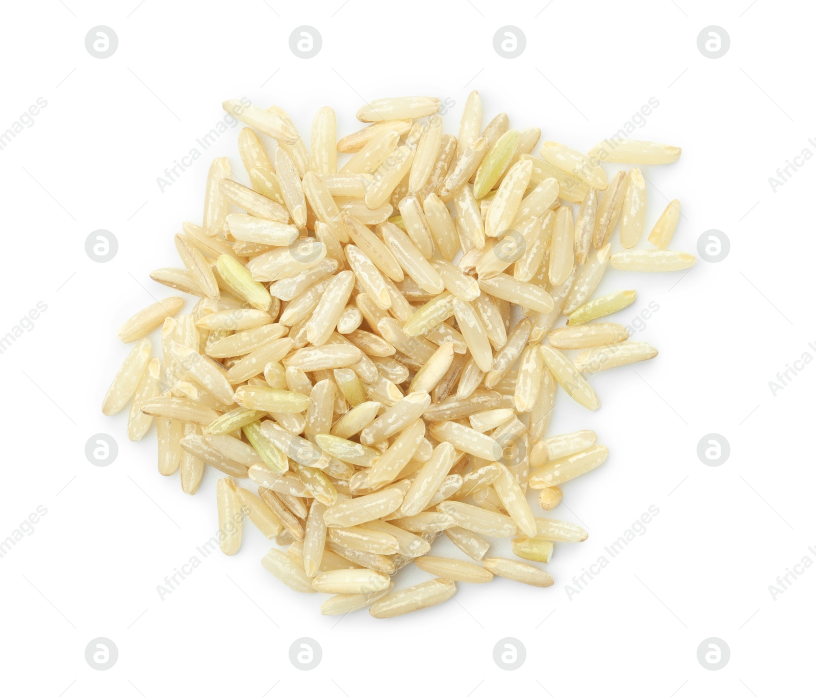 Photo of Pile of raw brown rice isolated on white, top view