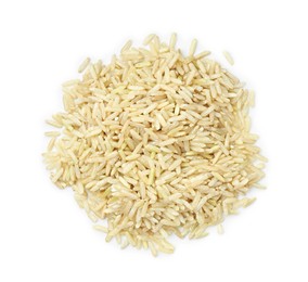 Photo of Pile of raw brown rice isolated on white, top view