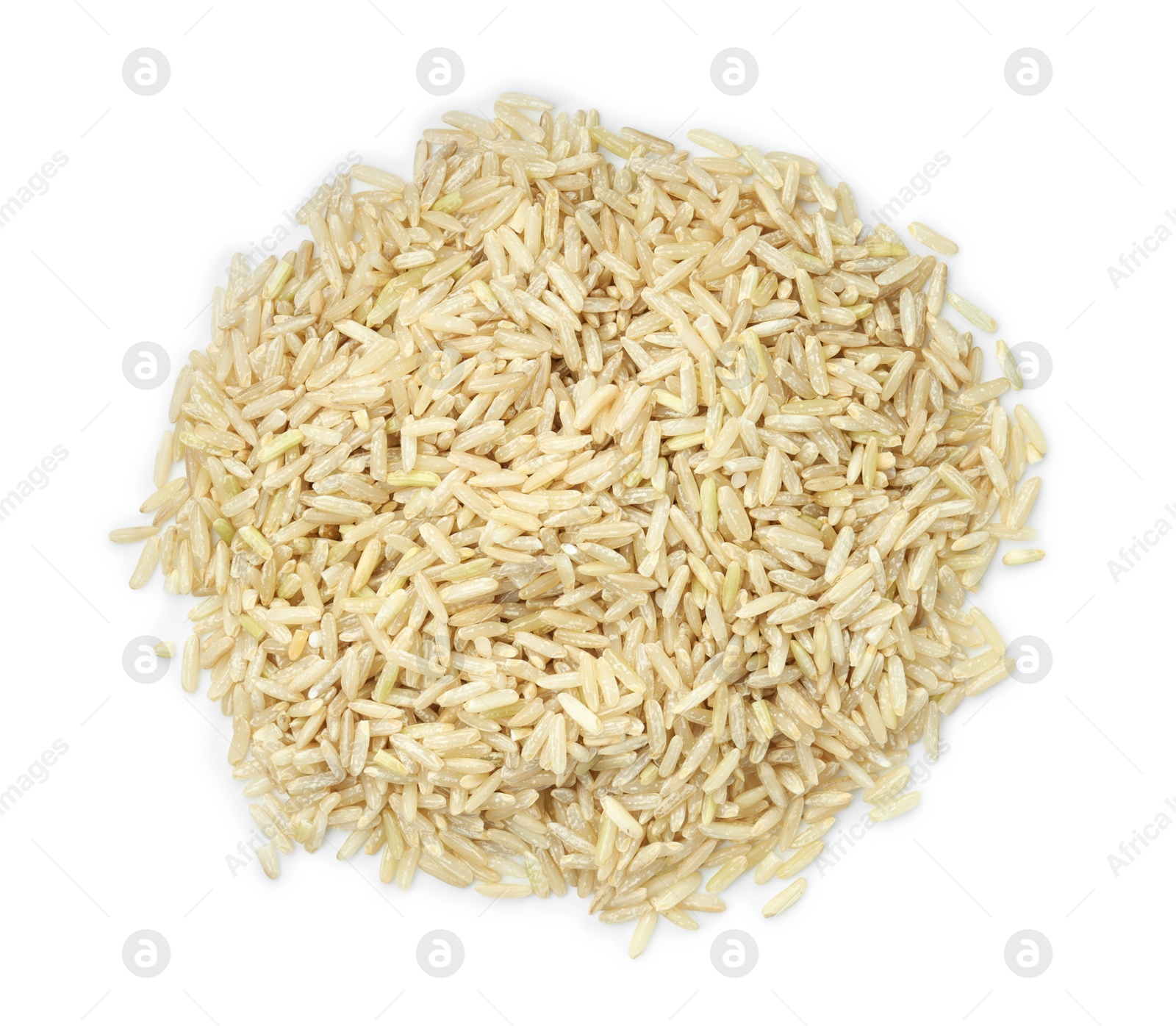 Photo of Pile of raw brown rice isolated on white, top view