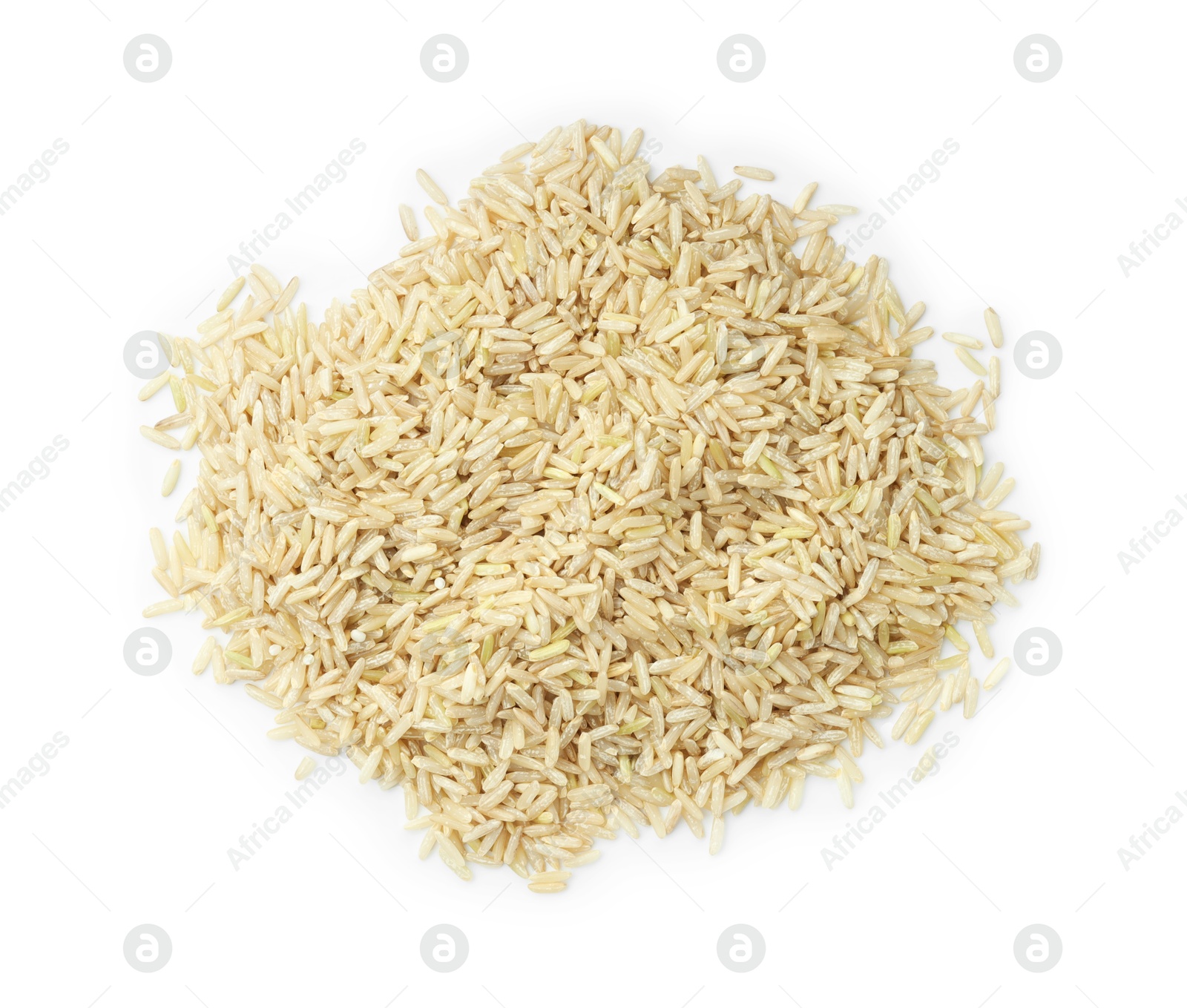 Photo of Pile of raw brown rice isolated on white, top view