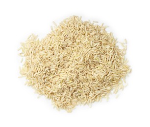 Photo of Pile of raw brown rice isolated on white, top view