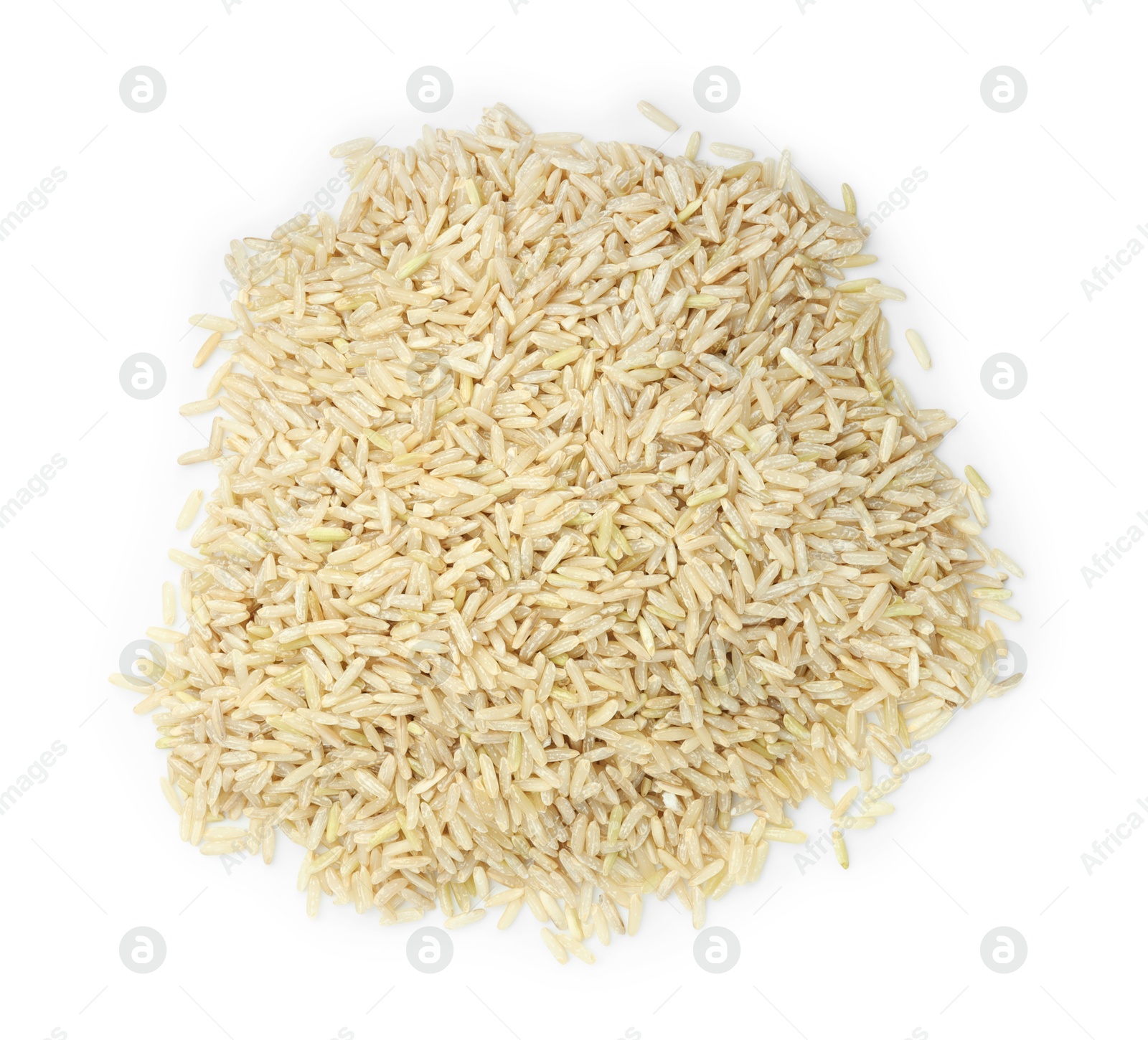 Photo of Pile of raw brown rice isolated on white, top view