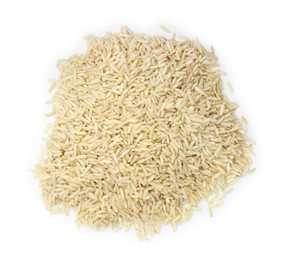 Photo of Pile of raw brown rice isolated on white, top view