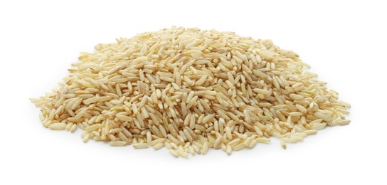 Photo of Pile of raw brown rice isolated on white