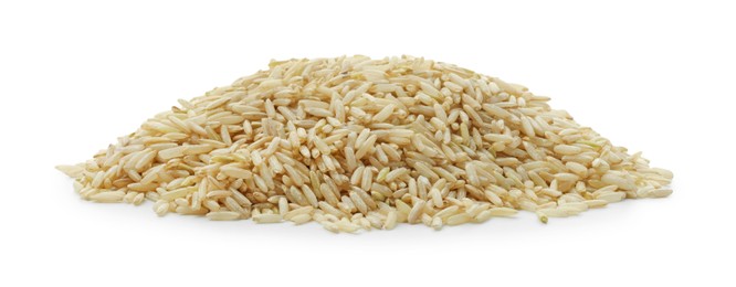 Photo of Pile of raw brown rice isolated on white