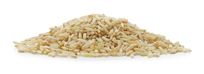 Photo of Pile of raw brown rice isolated on white