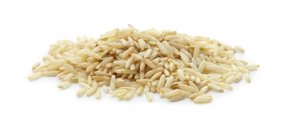 Photo of Pile of raw brown rice isolated on white