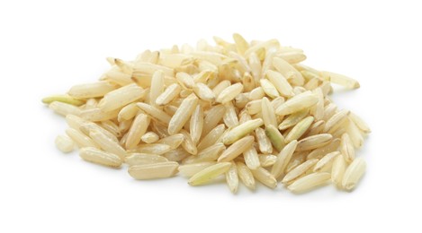 Photo of Pile of raw brown rice isolated on white