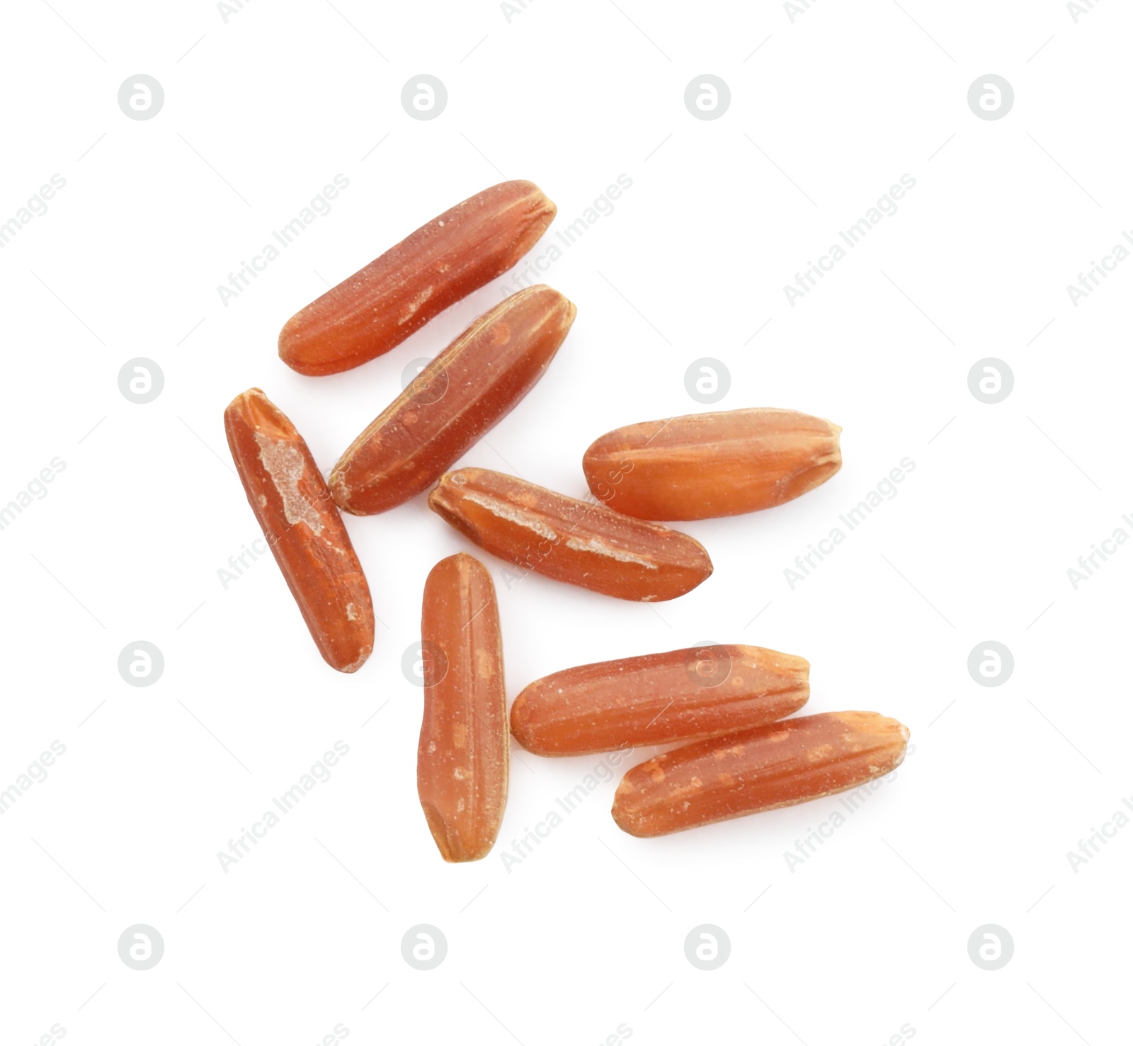 Photo of Fresh raw brown rice isolated on white, top view