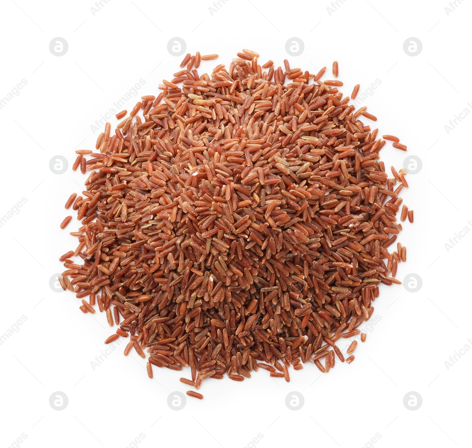 Photo of Pile of raw brown rice isolated on white, top view