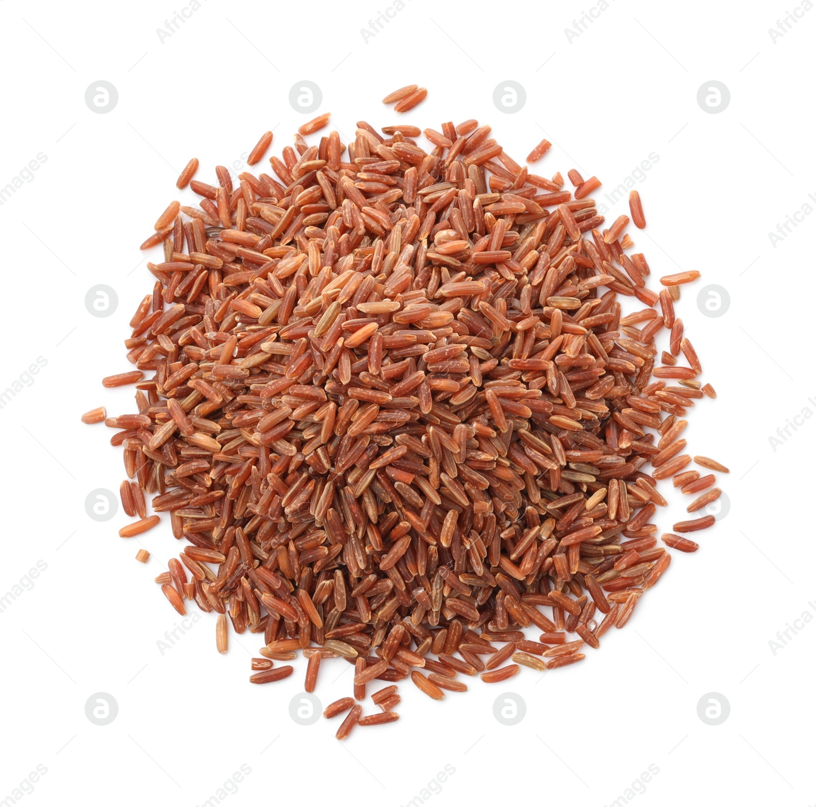 Photo of Pile of raw brown rice isolated on white, top view