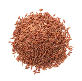 Photo of Pile of raw brown rice isolated on white, top view