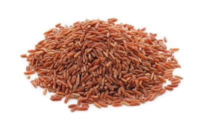 Photo of Pile of raw brown rice isolated on white