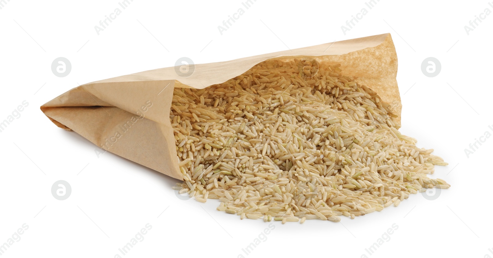 Photo of Raw brown rice in paper bag isolated on white