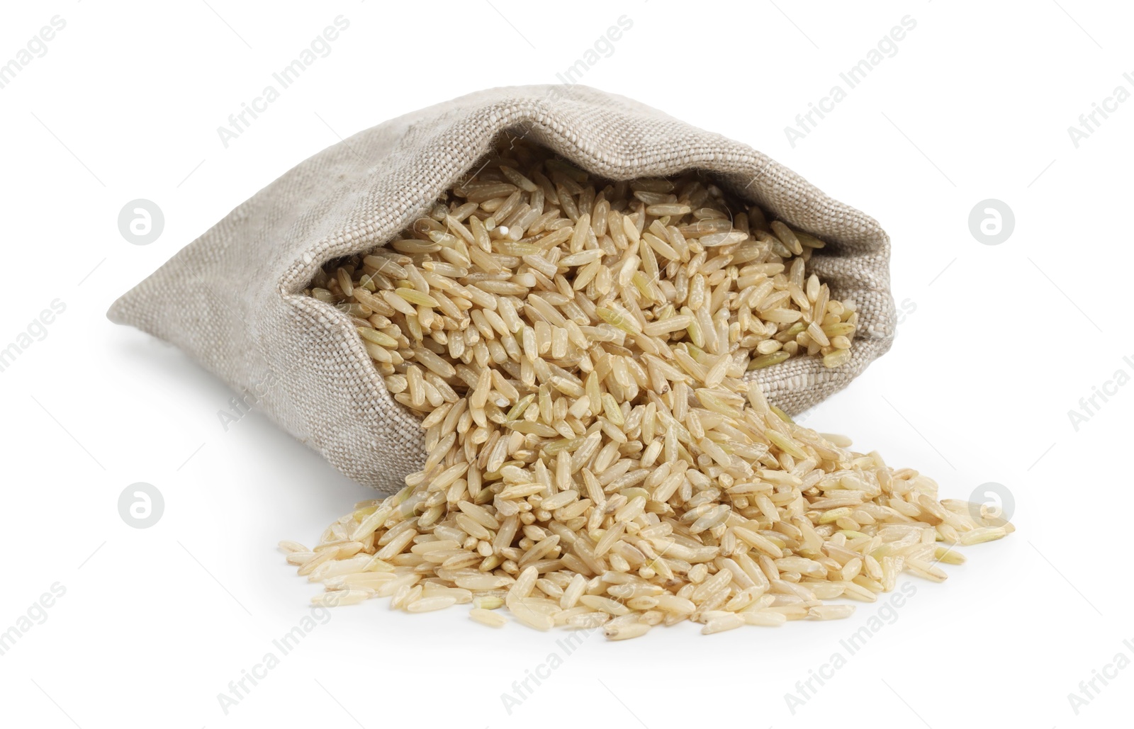 Photo of Raw brown rice in sack isolated on white