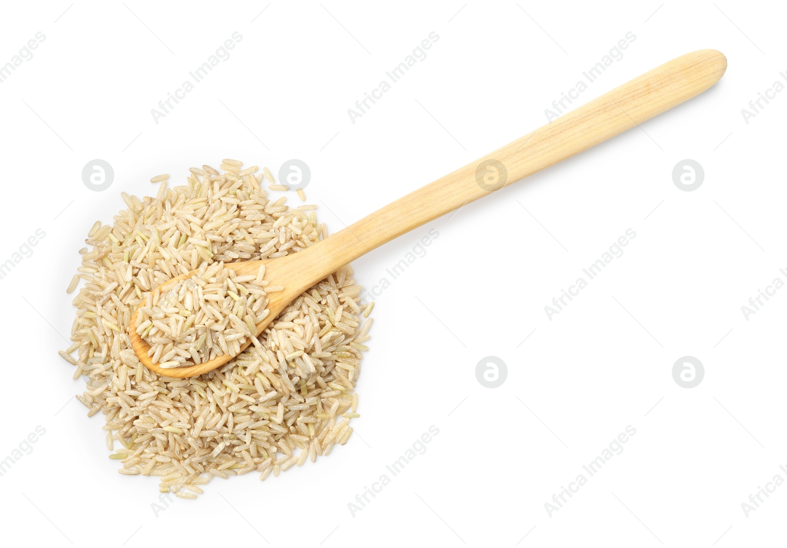 Photo of Raw brown rice and spoon isolated on white, top view