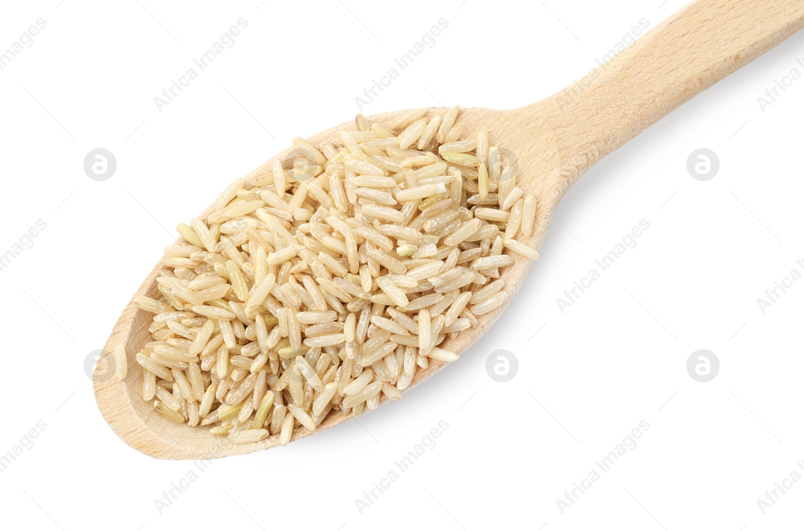 Photo of Raw brown rice and spoon isolated on white, top view