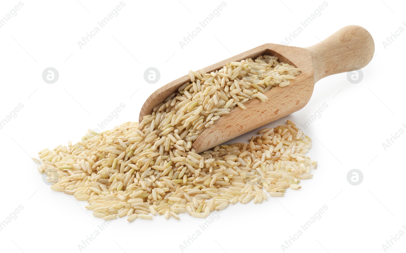 Photo of Raw brown rice and scoop isolated on white