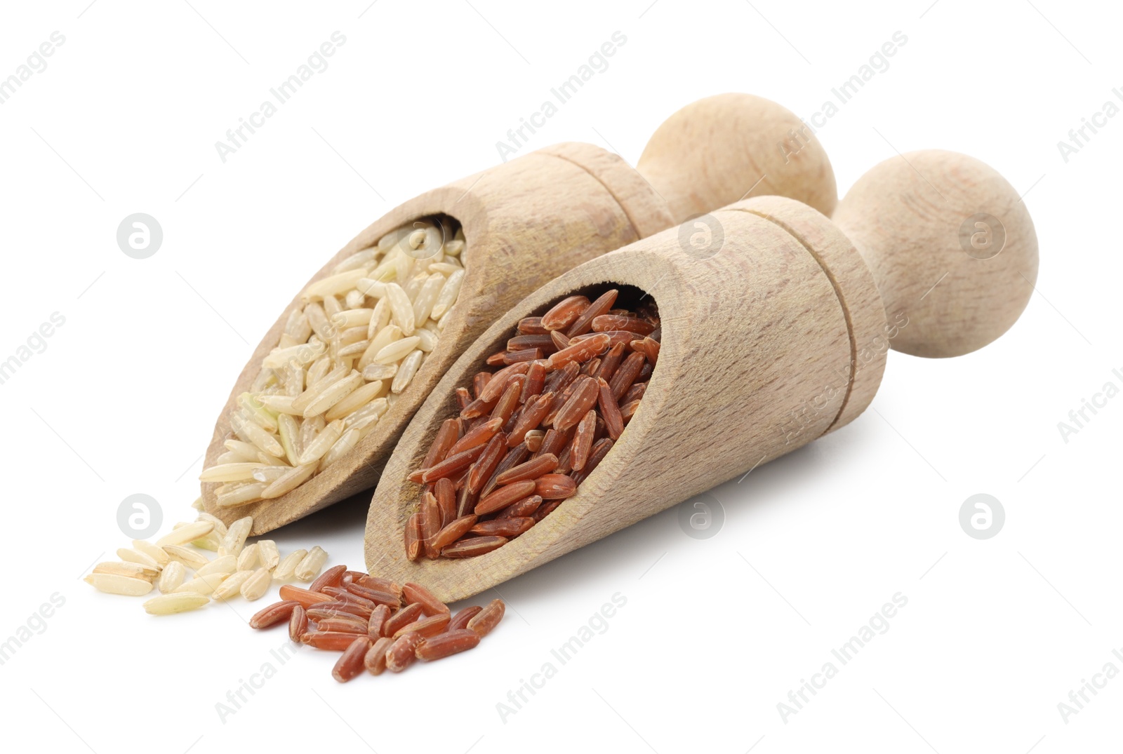 Photo of Different sorts of raw brown rice isolated on white