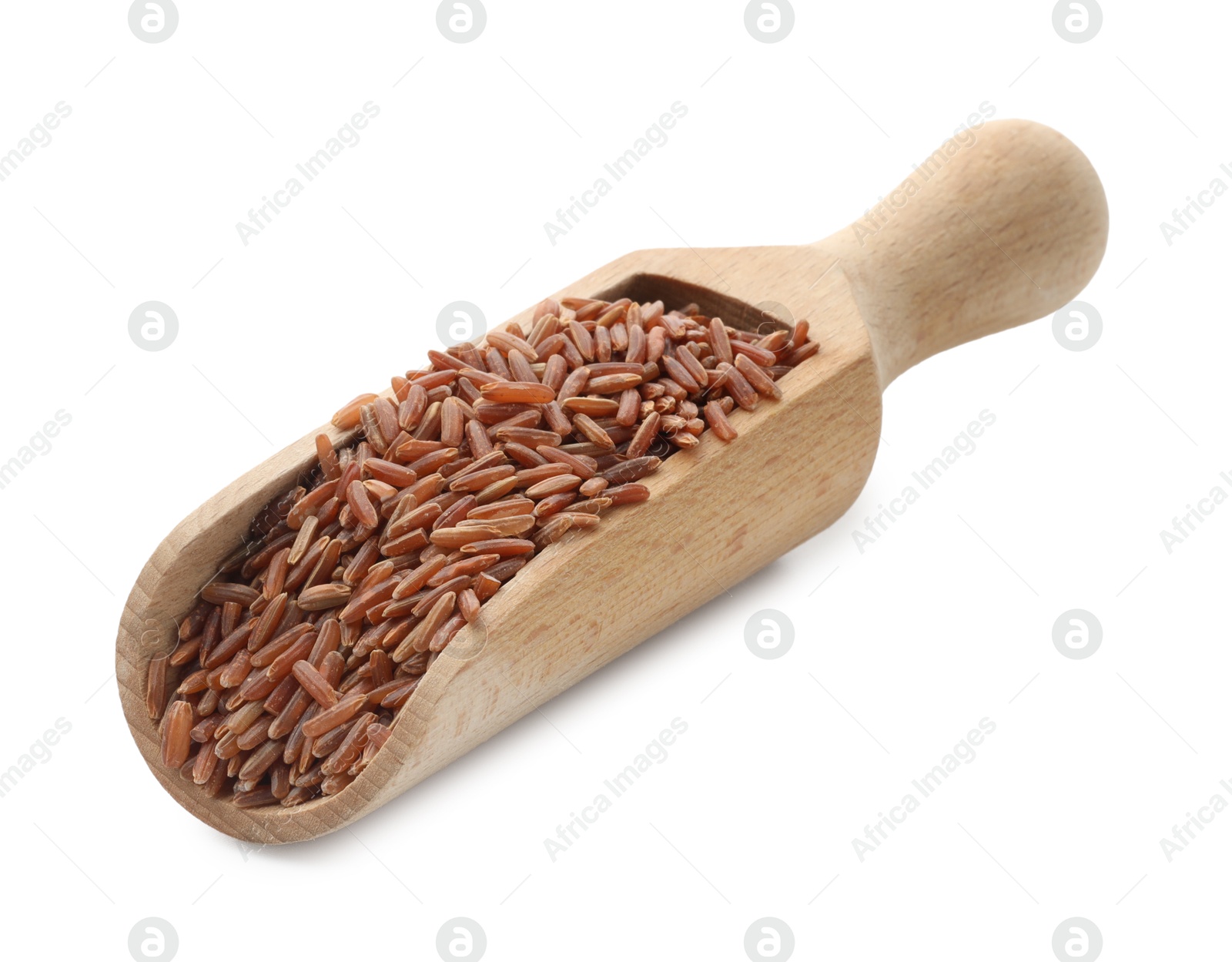 Photo of Raw brown rice in scoop isolated on white