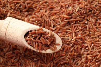 Photo of Brown rice in wooden scoop over pile of grains, top view