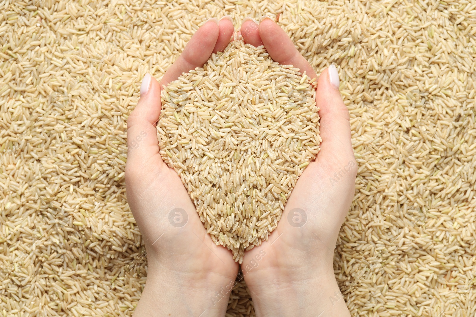 Photo of Woman holding brown rice over pile of grains, top view