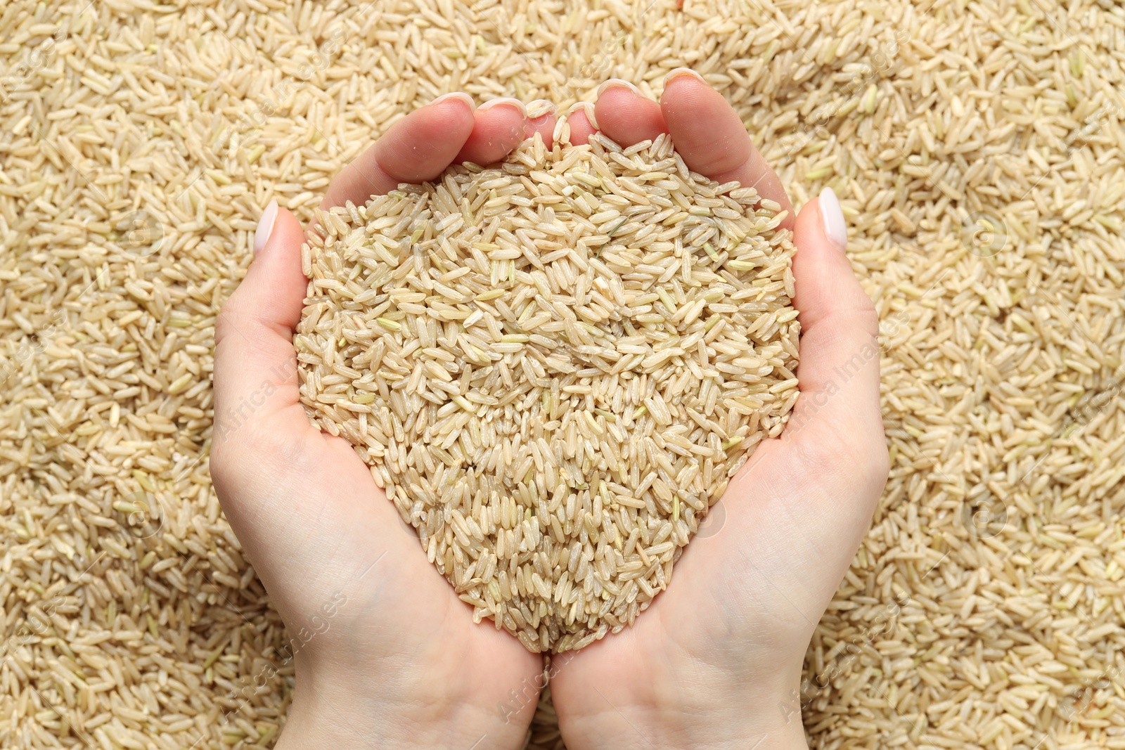 Photo of Woman holding brown rice over pile of grains, top view