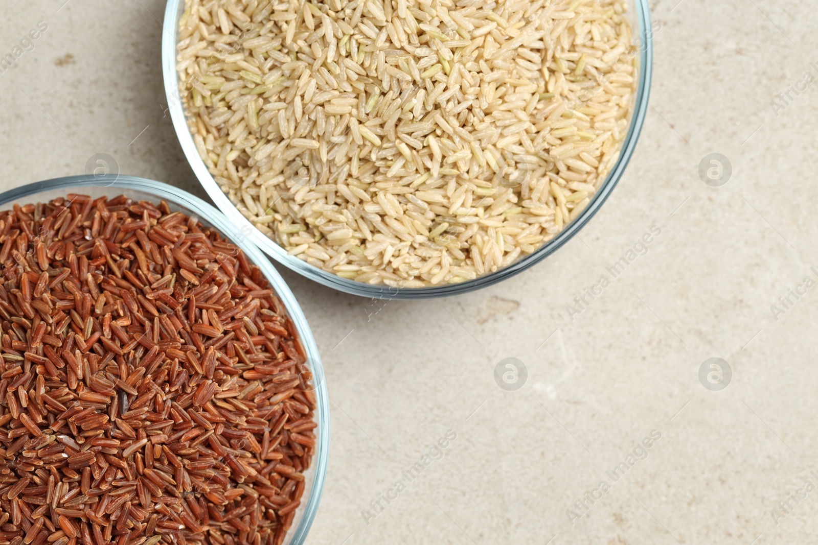 Photo of Different types of brown rice in glass bowls on light grey table, top view. Space for text