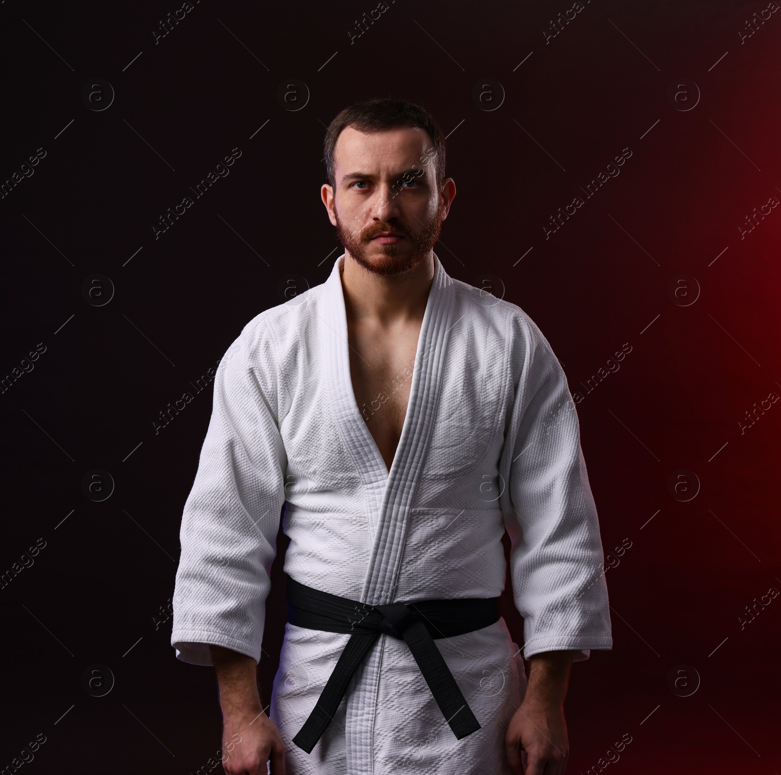 Photo of Karate fighter wearing uniform in color light against black background