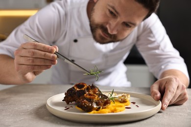 Photo of Professional chef serving dish at table indoors, selective focus