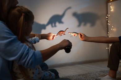 Photo of Mother and her son performing shadow play with toy dinosaurs at home, closeup