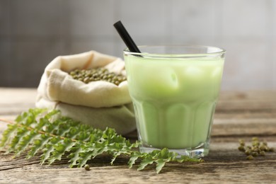 Photo of Fresh mung bean juice with ice in glass, leaves and seeds on wooden table, closeup