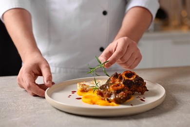 Photo of Professional chef serving dish at table indoors, closeup