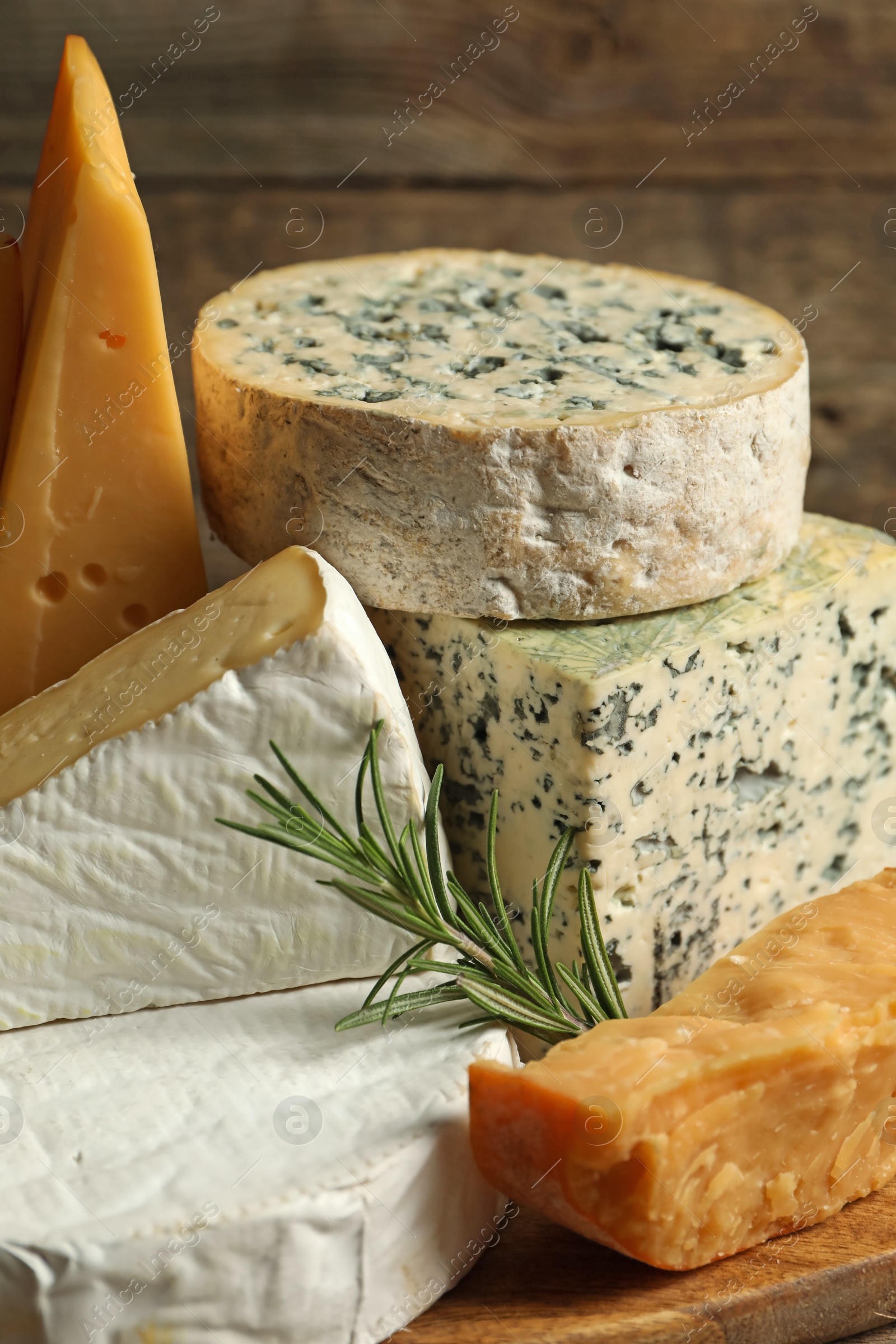 Photo of Different types of cheese and rosemary on table, closeup