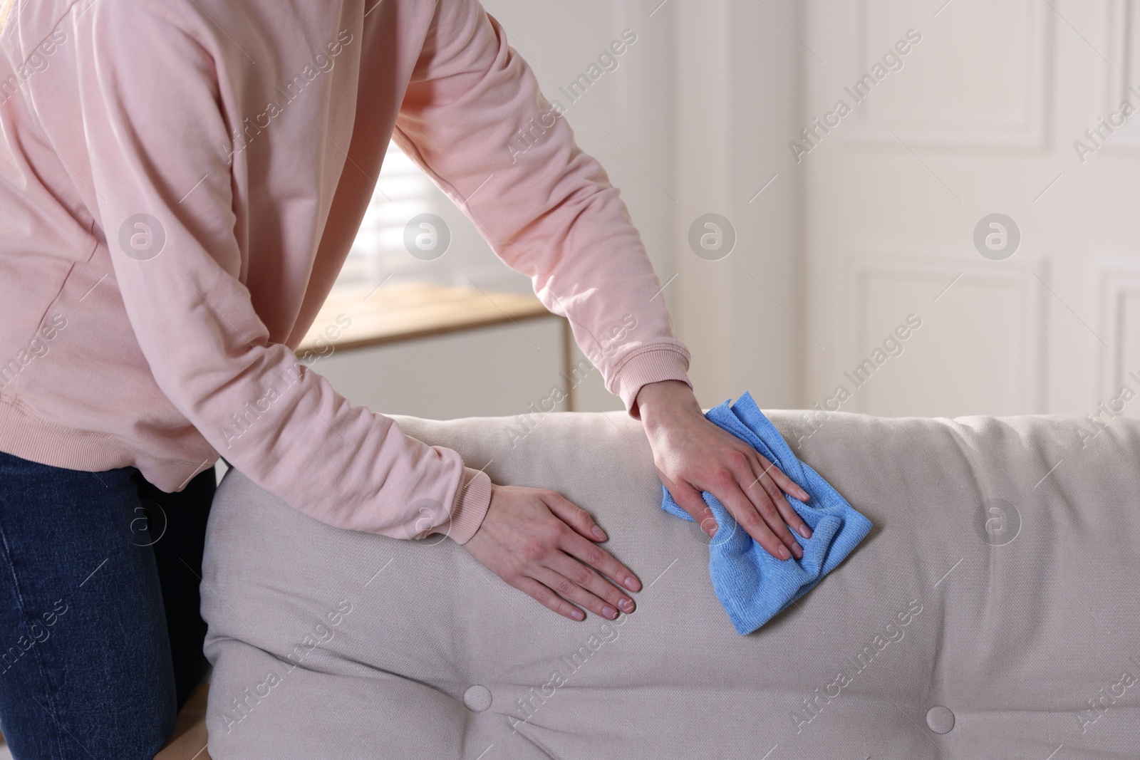 Photo of Woman cleaning sofa with rag at home, closeup