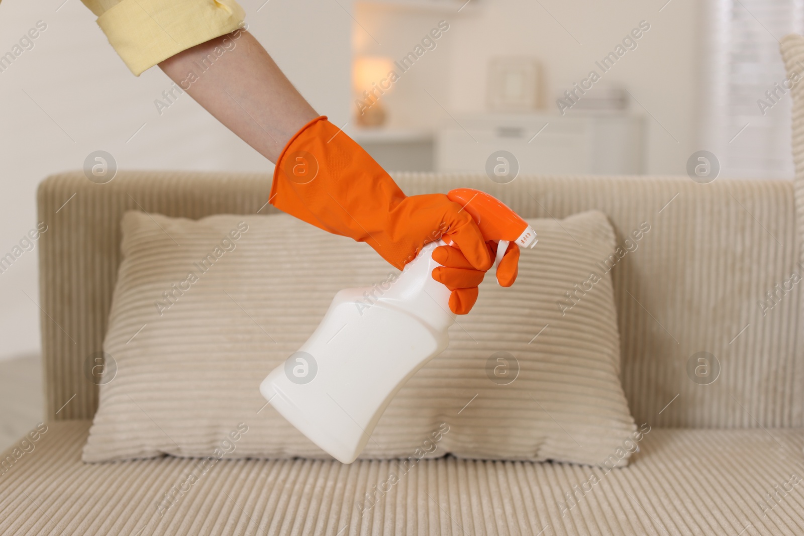 Photo of Woman in glove spraying cleaner onto sofa at home, closeup