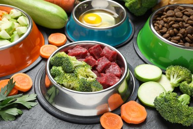 Photo of Natural and dry pet food in feeding bowls among products on dark textured table, closeup