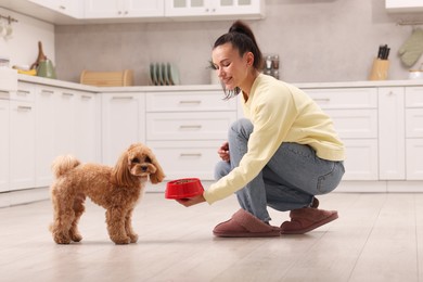 Photo of Smiling owner giving bowl with dry pet food to her cute dog in kitchen