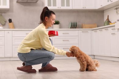 Photo of Smiling owner feeding her cute pet in kitchen