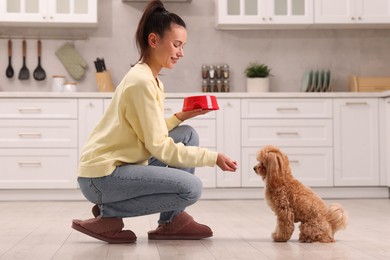 Photo of Smiling owner feeding her cute pet in kitchen