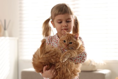 Photo of Cute little girl with her ginger cat at home