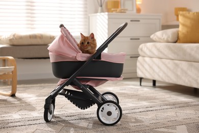 Photo of Cute ginger cat in doll stroller indoors